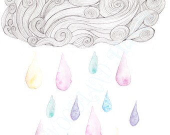 Cloud Wall decal,Cloud Raindrops, Rainbow,Pastel,Nursery wall art,cloud wall stickers,Cloud decal,nursery clouds,kids wall decals,cloud art