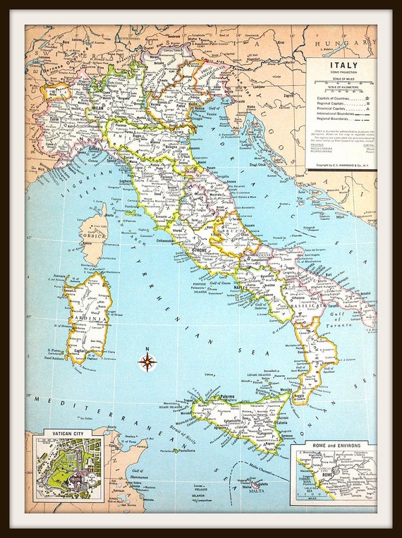 Vintage Italy Map Large 12 x 9 Art Print Italian Map