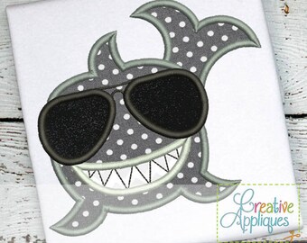 Shark Sunglasses Digital Machine Embroidery Applique Design 4 Sizes, shark applique, shark embroidery, whale applique, whale embroidery