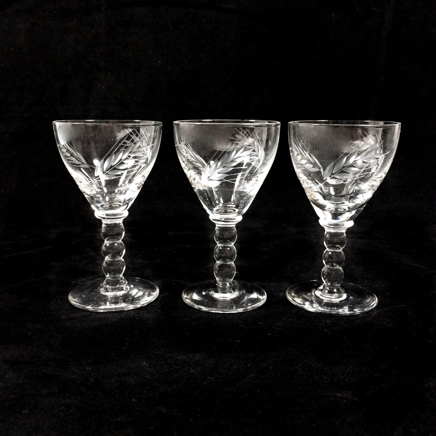 Set of 3 Vintage Etched Wheat Design Cordial Shot Glasses with