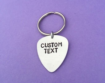 Custom Hand Stamped Guitar Pick Keychain Aluminum Gift Rock n Roll Loved One Family Personalized You Choose Phrase Customize Fathers Day Dad