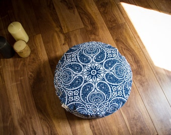 Pouf Zafu Blue Mandala Meditation cushion cotton organic Buckwheat washable floor pillow with lining handmade by Creations Mariposa ZP-MB