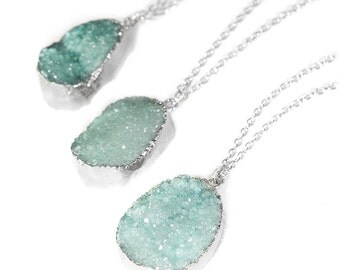 Pastel Turquoise Crystal Druzy Necklace - Silver Boho Chunky Rough Raw Pendant Quartz Stone- Silver Dipped Jewelry -Healing Stones -Gift