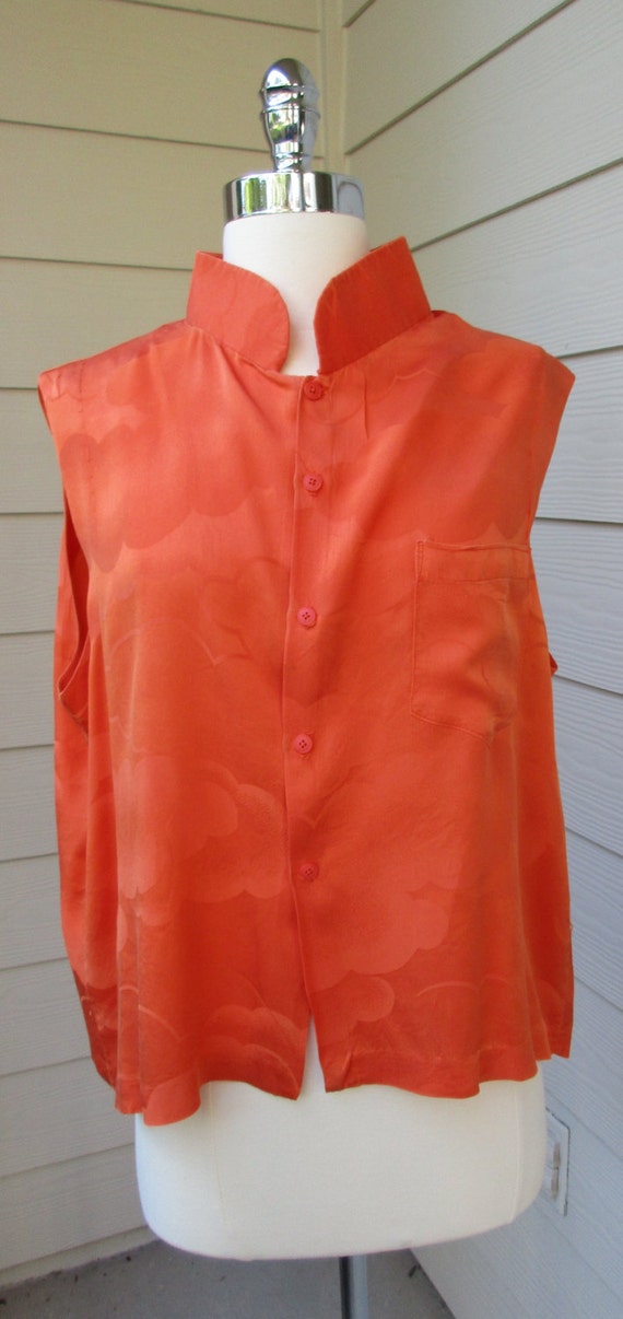 Orange Silk Shirt Asian Inspired Stand Up Collar Cloud Theme