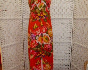 Womans pure cotton, vibrant printed, broderie anglais nightdress. Full length, 30s vintage style; Ginger Rogers meets Bollywood. UK size 16