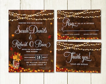 Rustic Fall Wedding Invitation Set, Fall Invitation, Autumn wedding, Autumn leaves rustic fall wedding set, Digital file, Printable