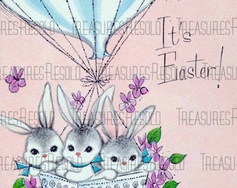 Easter Bunnies in a Hot Air Balloon Basket Easter Card #62 Digital Download