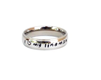 I Love My Lineman - Ring Stainless Steel Hand Stamped Lineman Gift Heart Design Lineman Jewelry