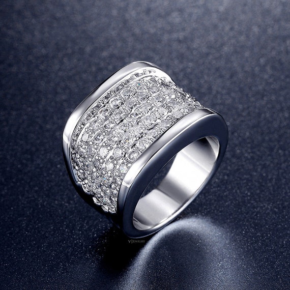 White Gold Cubic Zirconia Wide Band Ring Silver Pave Ring