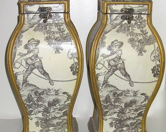 Pair of Vintage Tall Toile Covered Chinoiserie Boxes