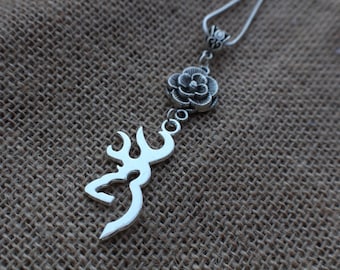 Silver Deer Head Necklace - Rose Necklace - Deer Jewelry - Bohemian Jewelry - Nature Jewelry - Country Jewelry - Buck And Doe Necklace