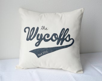 Dark Gray Last Name Felt Pillow Cover Cotton Anniversary Gift Embroidered Decorative Personalized Wedding Family