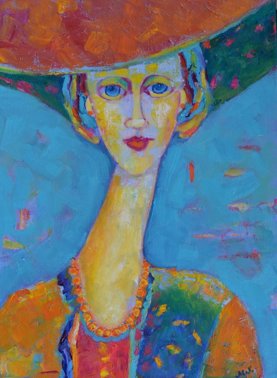 Female oil portrait in Modigliani style Fine art  original oil