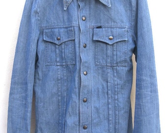 Vintage 70s Shirt Denim mens DENIMSHIRT pointedCollar Light Blue hippie retro Beatles 1970s men's VINTAGE denim JACKET men's S