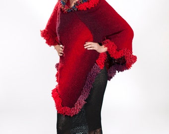 Hooded poncho, Womens poncho sweater cape, Fringed mexican poncho, red poncho, poncho hoodie, knit poncho, crochet mexican poncho