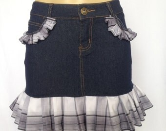 Denim Skirt with Plaid Lace Trim