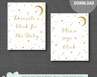 Stars Gold Glitter and White Decorate a Block Sign and Sign a Block Sign Printable, Instant Download, Baby Shower Decor, Moon, Boy, Girl, 2S