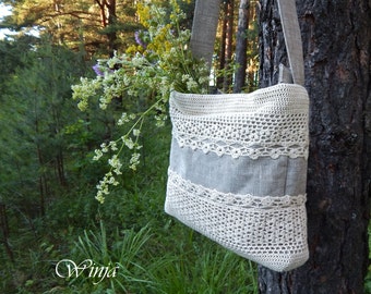 Textile bag, crochet bag, linen bag, boho bag, fabric hobo bag, women's bag, vegan bag, knitted bag, bag with lace, white bag, summer bag,