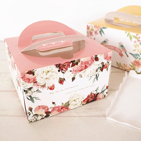 SALE Square Cake Boxes Pink Roses with Handle 2 pcs / 16cm