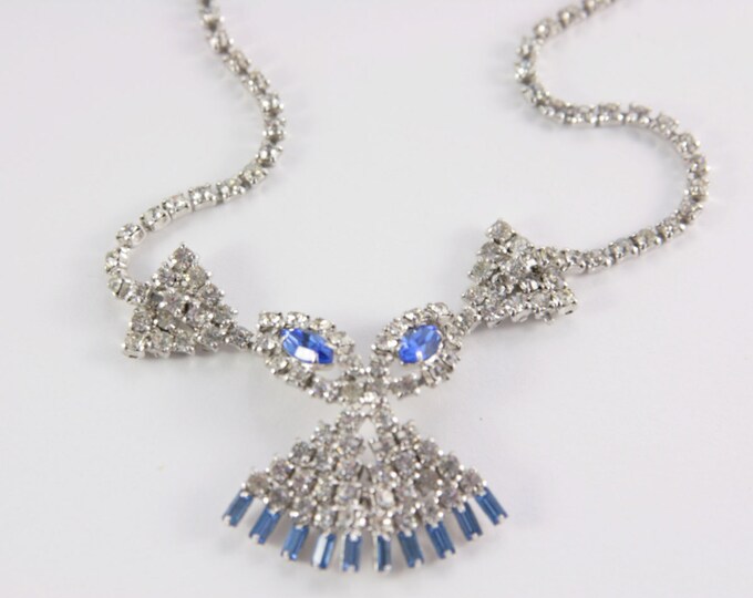 Blue Owl Necklace Clear Paste Rhinestone Necklace 1950s One of a Kind Vintage Rare Great Gatsby Jewelry