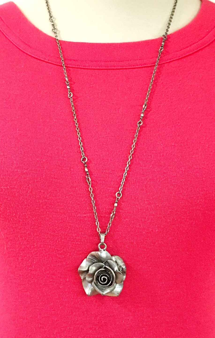 Pendant Necklace Brushed Silver Rose Pendant Necklace Long