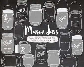 Chalkboard Mason Jar Clip Art. Hand Drawn White Mason Jar Clipart. Chalk Wedding Mason Jar Illustration. Digital Doodle Jar, Pitcher, Jug.