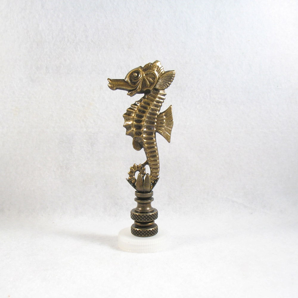 Lamp Finial Stamped Metal Antiqued Brass Seahorse. by LampFinials