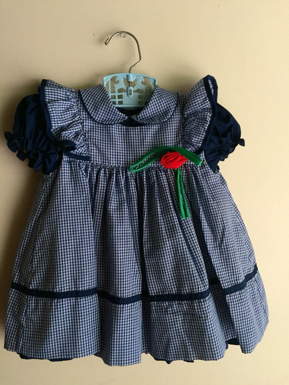 Vintage 2 piece Navy Blue Gingham Ruffle Sleeve Pinafore and