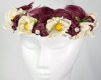 Feather headband, Feather headdress, Burgundy wedding, Lana del Rey, Floral tiara, Art deco headband, Flower headband, Flower crown veil
