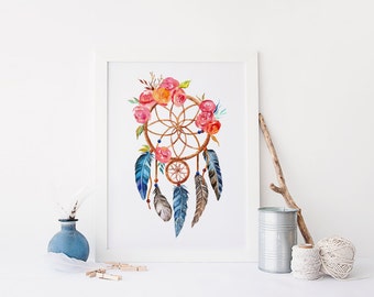 tribal print, Dreamcatcher wall Art, Dreamcatcher Print, printable art, native american dreamcatcher boho print, boho nursery, feather print