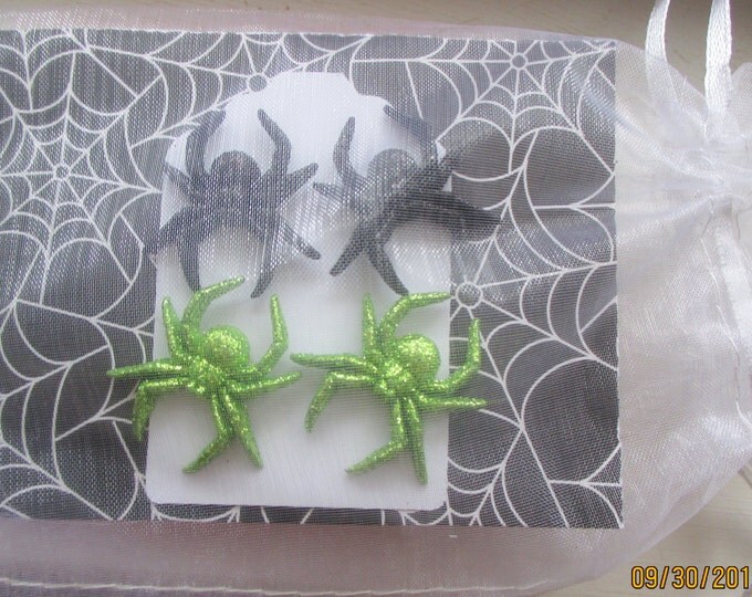 Spider earrings-Halloween costume-Black and Green spiders-Clip on earrings-Glittery Spider studs-halloween party favors-teen gift