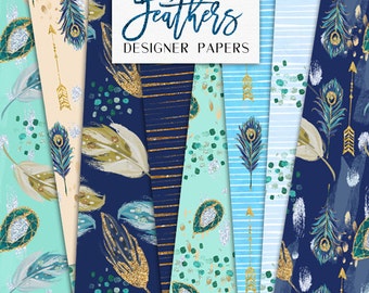 Peacock Feathers Arrows Digital Papers | Hand Drawn glitter feathers gemstones designs | graphics resources, planner stickers