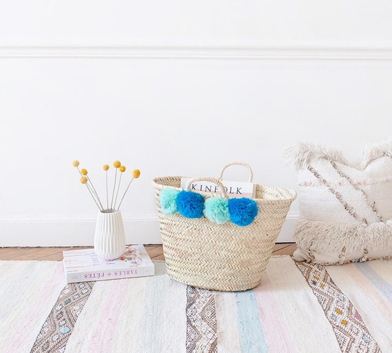 Blue Pom Pom Basket Beach Bag Nursery Storage Woven Natural