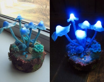 Mushrooms Night Light - Blue Polymer Clay Fungi miniature - Succulent - Glow in the dark - LED and fluorescent - decor