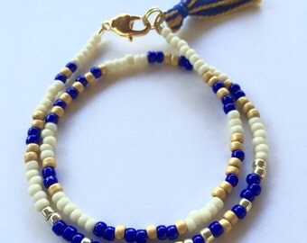 Theta Phi Alpha Bracelet, Sorority Bracelet, Blue, Gold, Silver, Big Little Bracelet, Beaded Wrap Bracelet, Tassel Bracelet, Morse Code