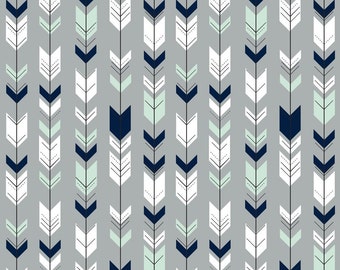 Fletching Arrows in Mint, Navy and White Quilting Fabric. Fabric by the Yard. Cotton Jersey Knit Minky. Arrow Tribal Woodland Gray Nursery