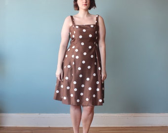 plus size dress / brown polka dot party dress / 1990s / XL