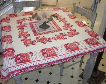 Vintage Tablecloth Beautiful Burgundy Dahlias