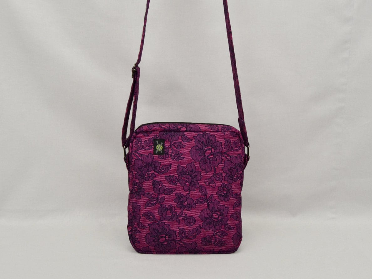 Small Crossbody Bag with Zipper, Fuchsia Purple and Black Flower Lace Pattern