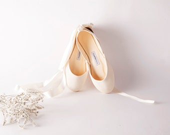 The Wedding Shoes with Satin Ribbons | Bridal Flat Shoes | Pointe Style Lace Up Ballet Shoes | Wedding Ballet Flats in Vanilla Ivory