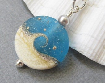 Ocean necklace, Summer outdoors, Blue wave necklace, Beach wedding jewelry, Retirement gift, Sea glass pendant, Lampwork necklace