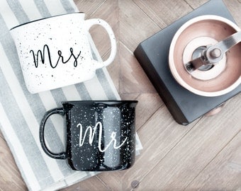 Mr. & Mrs. campfire mug set. Ceramic campfire mugs. Marriage mugs. Pretty mugs. White campfire mug. Newlywed gift. Stocking stuffer.