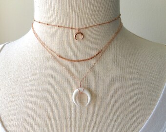 Gold Moon Choker, Beaded Chain Choker, Rose Gold Filled Satellite Chain Choker, Silver Horn Choker, Gold Double Horn Beaded Choker