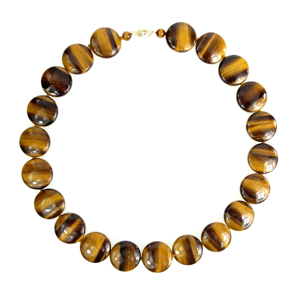 Vintage Necklace Tiger Eye Gemstone Brown Flat Disc Bead Hand