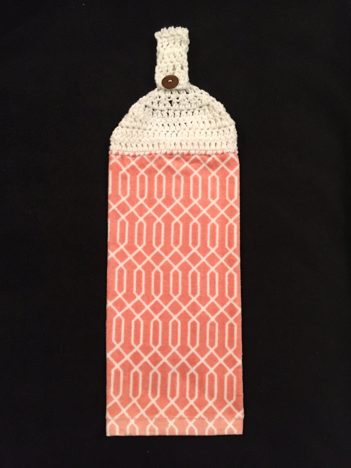 Crocheted Top Dish Towel Salmon and White