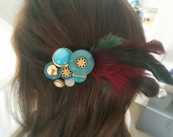 Vintage Button Headpiece: 'Tiffany Blue Feather' (Hairclip)
