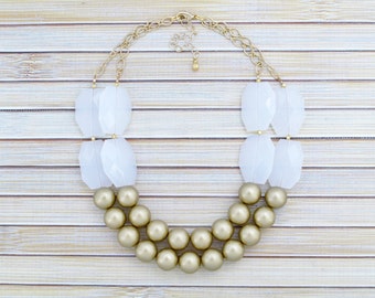Beaded Bib Necklace - Big Chunky Gold Round Bead Statement Necklace - You Pick Color for Faceted Gem Beads - Silver or Gold Metallic Beads