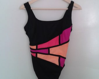 SALE /// Vintage 1990's Longitude Black Neon Pink Orange Windowpane Geometric Detail One Piece Swimsuit Sz 8 Mod Op Art Fly Girl