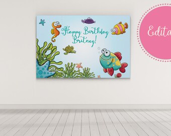 Under The Sea Backdrop, Under The Sea Party Decorations, Bday Backdrop, Candy Buffet, Sea Life Dessert Table Backdrop, Blue Starfish0095A
