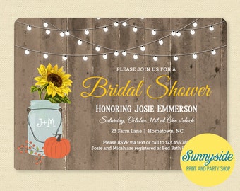 Rustic Fall Bridal Shower Invitation // Barnwood Pumpkin Sunflower & Lights Shower Invite // Printable or Printed wedding shower invitations